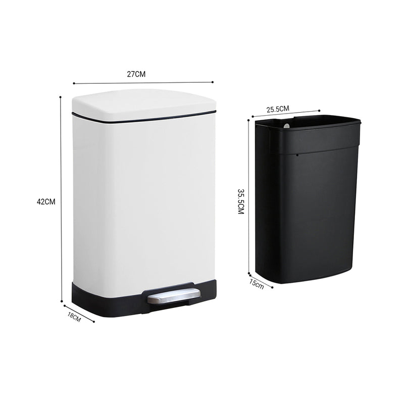Foot Pedal Stainless Steel Trash Bin 12L Rectangular White Soft Close Lid