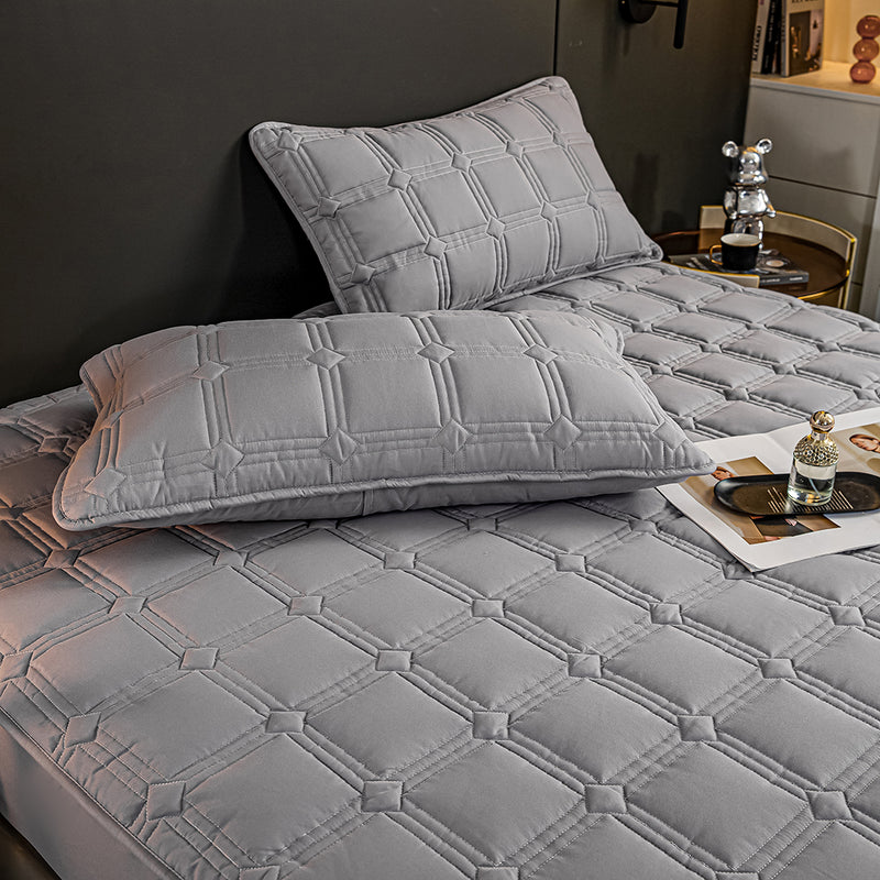 2X Polyester Mattress Protector 203x153x40cm Quilted Grey 4 Pillow Covers
