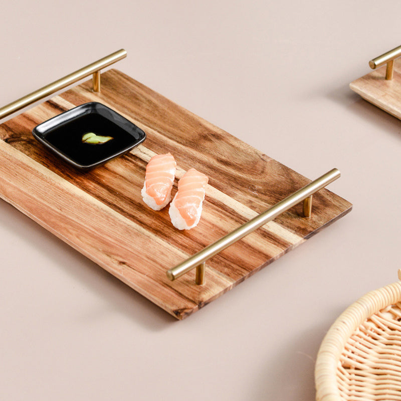 2X 36cm Brown Acacia Wood Serving Tray Charcuterie Board With Iron Handles