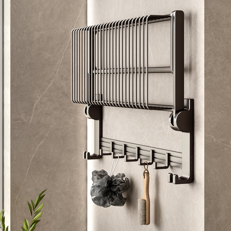 61cm Gray Aluminum Wall Mounted Double Pole Towel Rack With Hooks