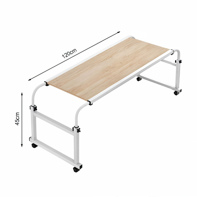 Wood Bed Desk Table 120x45cm Extendable 120 To 210cm Height 65 To 95cm Wheels
