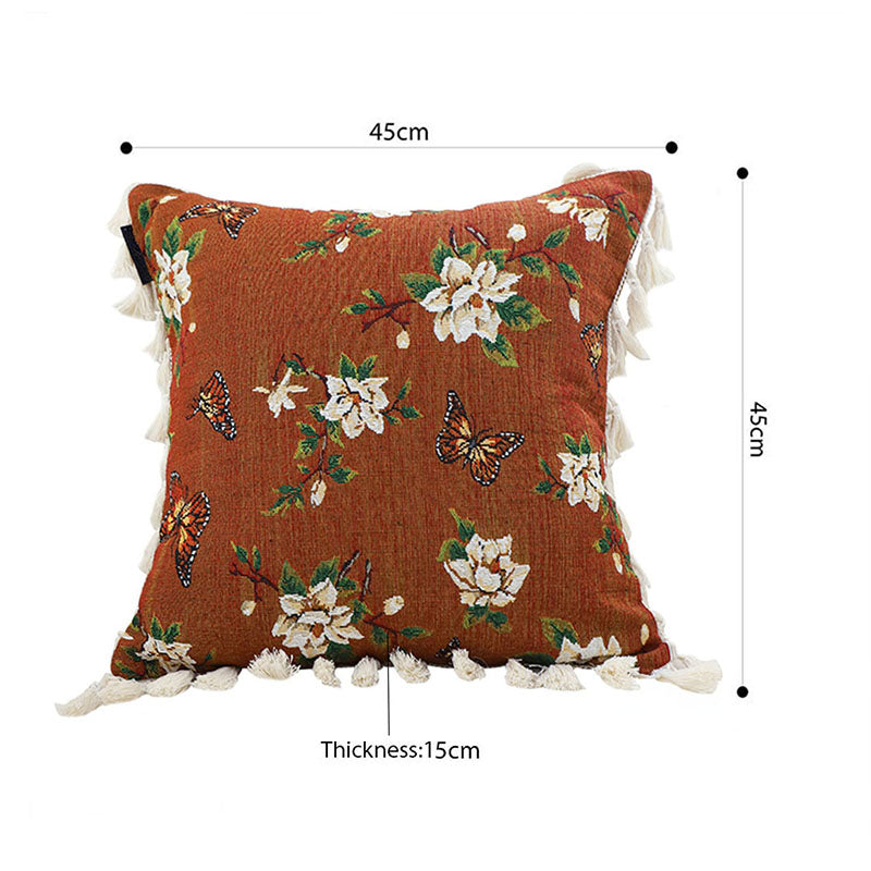 45cm Vintage Butterfly Flower Tassel Velvet Throw Pillow Caramel