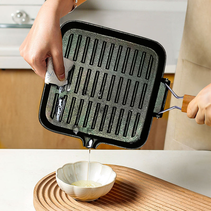 2X 24cm Cast Iron Square Grill Pan Ribbed Surface Folding Wooden Handle