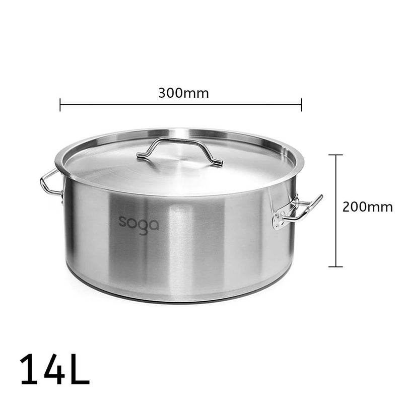 Stainless Steel Stock Pot 14L Thick 18/10 Durable Induction Gas Electric Safe