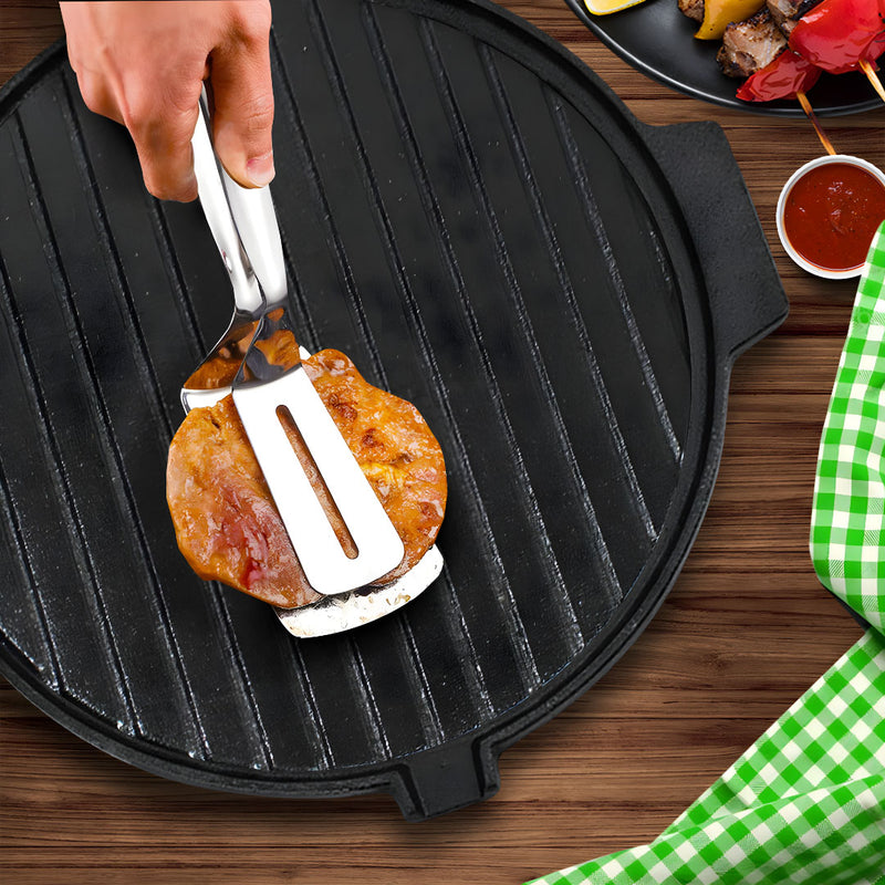 2X 30CM Round Cast Iron BBQ Grill Pan With Handles Non Stick Black Camping