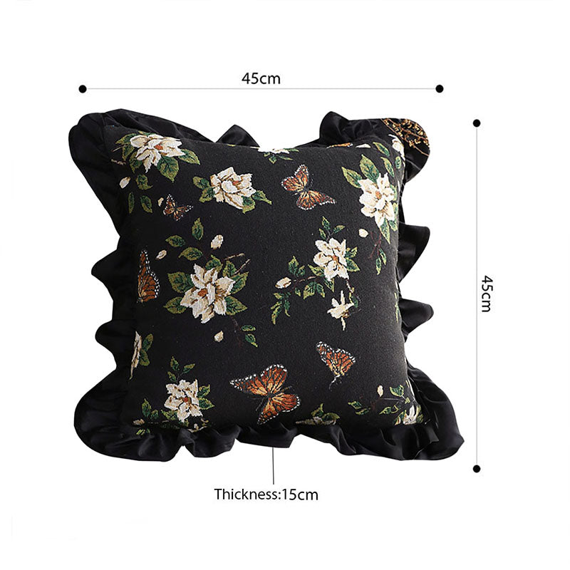 45cm Square Vintage Velvet Embroidered Throw Pillow 15cm Thick Black