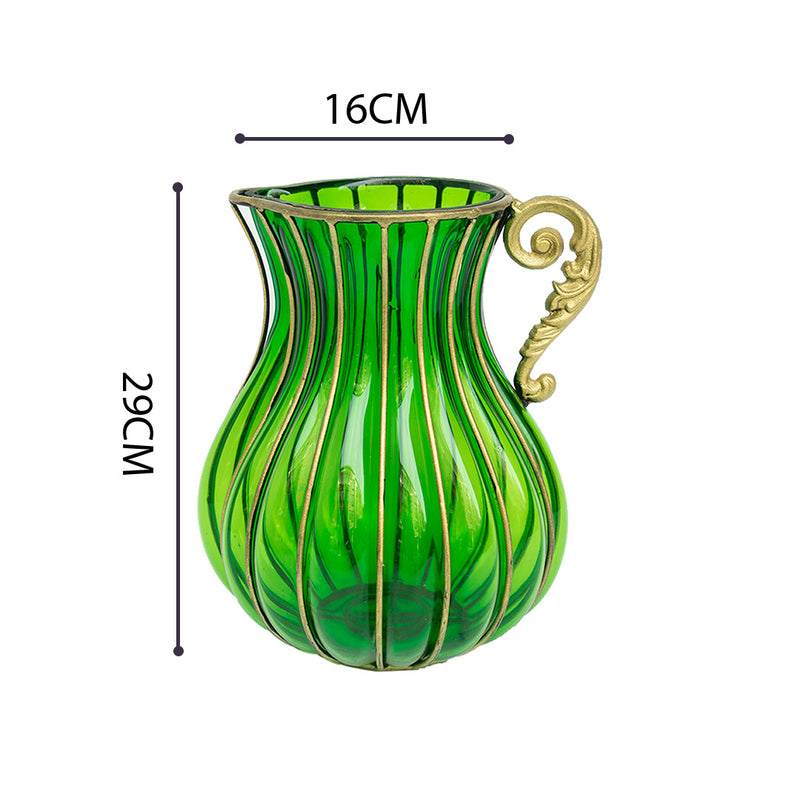 Green Glass Flower Vase 16cm x 29cm Gold Metal Handle Home Decor