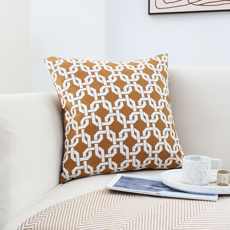 Square Throw Pillow Polyester 45X45X14Cm Jacquard Checkered Chain Brown