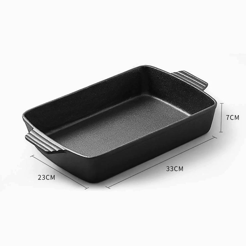 33cm Cast Iron Rectangular Baking Pan With Handles Enameled Interior Non Stick