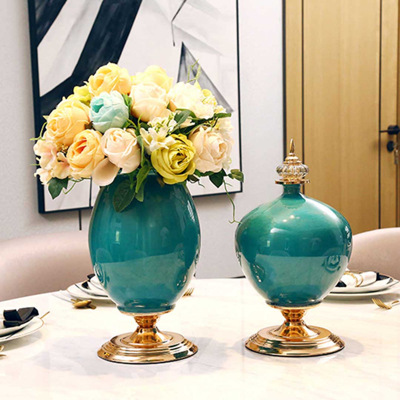 Ceramic Oval Flower Vase Gold Metal Base 40.5cm Yellow Home Decoration