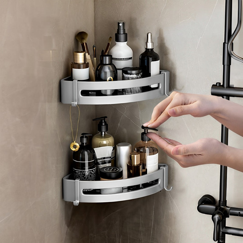 2X Silver Aluminum Wall Mounted Triangular Corner Shelf Rack 24.5x24x6cm Hooks