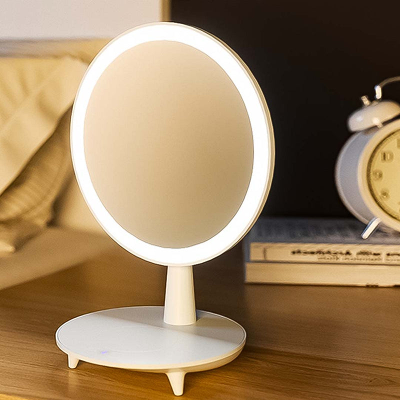 Round White Rechargeable LED Makeup Mirror with Storage and Viewing Angle