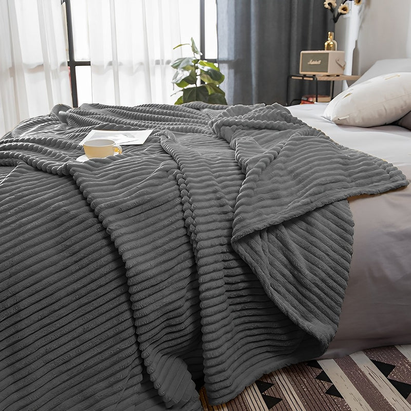 Grey Flannel Polyester Throw Blanket Warm Cozy Striped Lightweight Sofa Bed