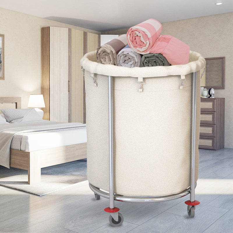 Stainless Steel Round Commercial Linen Cart 32 Inch Tall Oxford Bag Wheels White