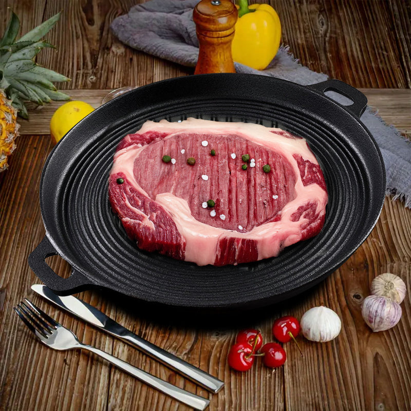 2X 35cm Round Ribbed Cast Iron Frying Pan Skillet With Handle Pre-Seasoned