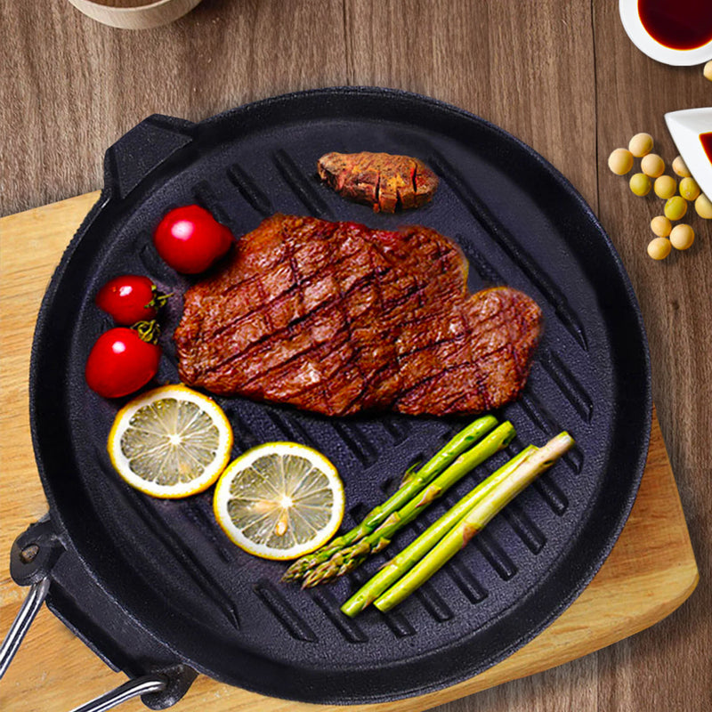 24cm Round Ribbed Cast Iron Non Stick Grill Pan Folding Wooden Handle Black