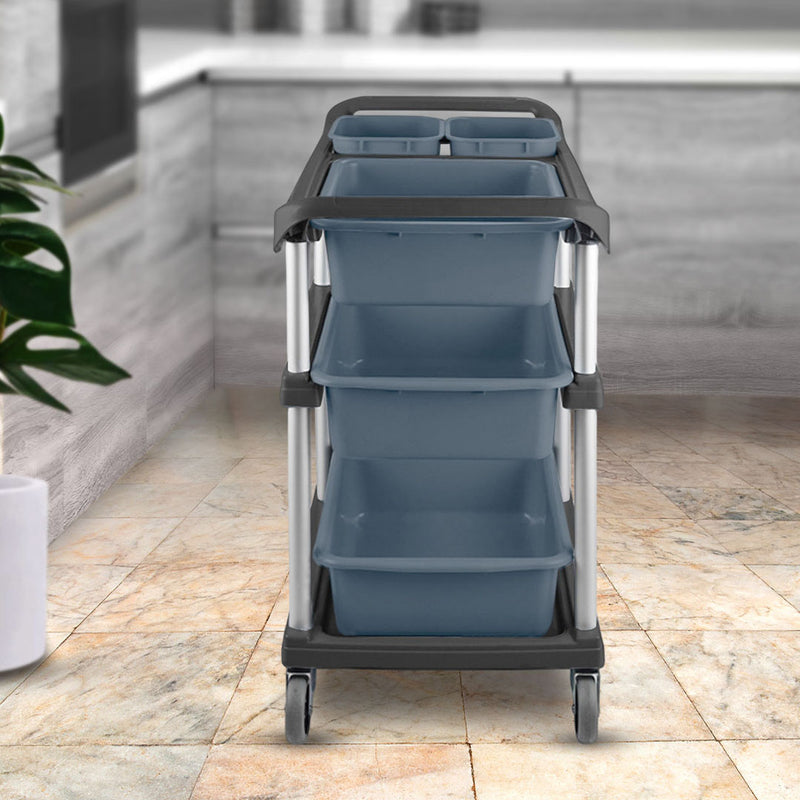 3 Tier Commercial Soiled Dish Cart Five Buckets Aluminum Steel Frame Blue Bins