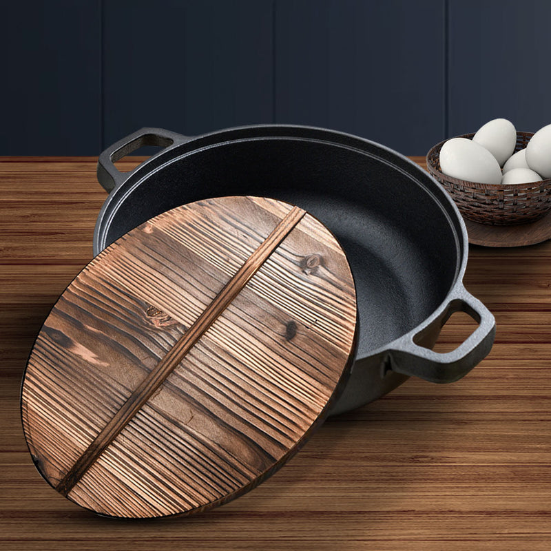 Round 29cm Cast Iron Deep Skillet Pan Pre Seasoned Non Stick Wooden Lid Black
