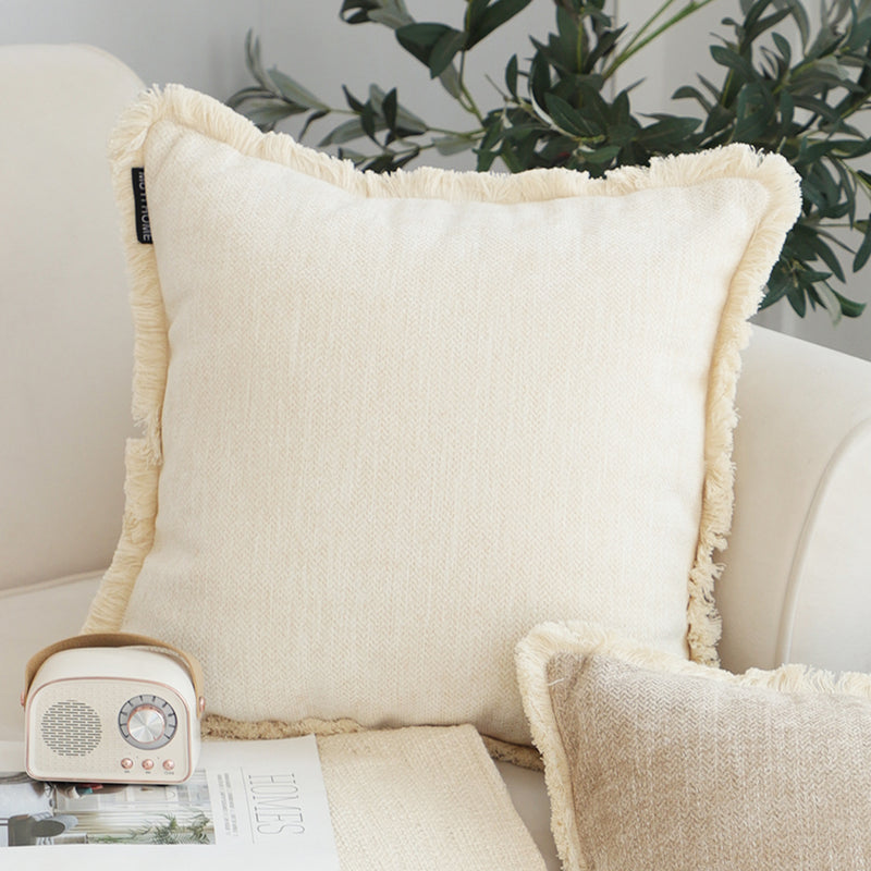 45cm Square Chenille Throw Pillow Thick Polyester Filled With Tassels White