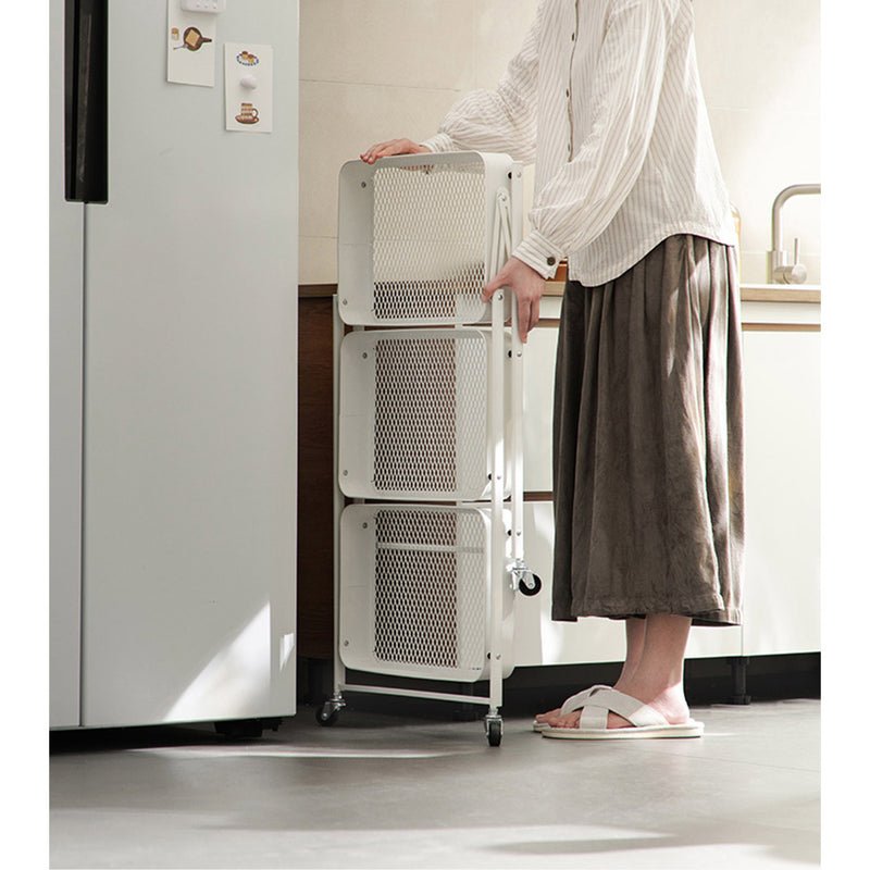 2X 3 Tier White Foldable Steel Kitchen Cart Portable Shelves With Wheels