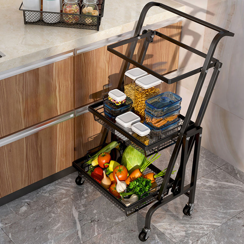 3 Tier Carbon Steel Kitchen Cart Mesh Shelves Black Locking Wheels Adjustable