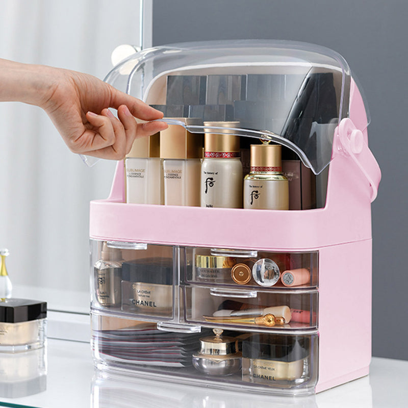 3 Tier Pink Makeup Storage Organizer ABS Plastic Waterproof Dustproof Handle