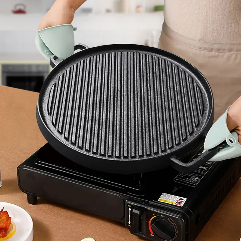 Round Cast Iron Ribbed BBQ Pan Skillet 30cm Pre-Seasoned Non-Stick Black