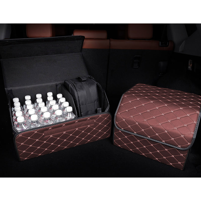 Car Boot Organizer Leather 55x30x30cm Collapsible Portable Coffee Gold Stitch