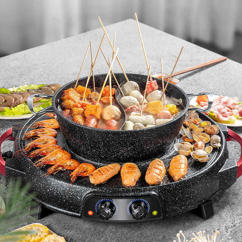 2 in 1 Electric Stone Coated Non Stick Hot Pot And Teppanyaki Grill 47cm Black