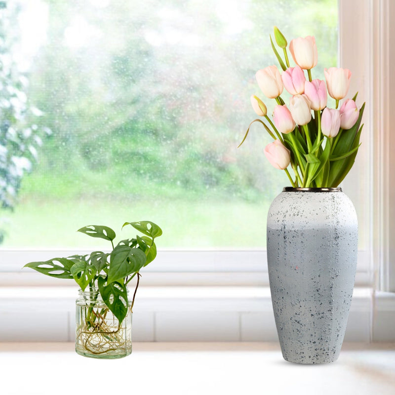 Large Ceramic Flower Vase 35x17cm White Grey Handcrafted