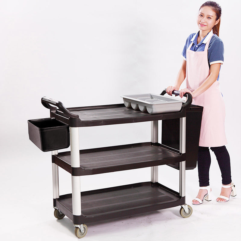 3 Tier PVC Food Trolley With Two Waste Bins Large 950 x 500 x 960mm Black