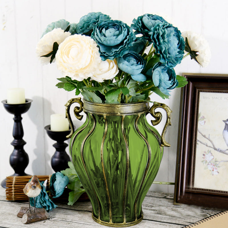 Green Glass Flower Vase European Style With Two Gold Metal Handles 25cm X 33cm