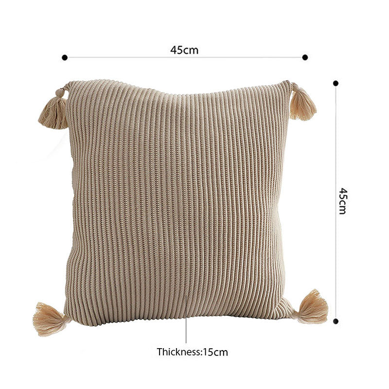 2X 45cm Square Velvet Throw Pillow Off White Striped Tassel Plush Cotton