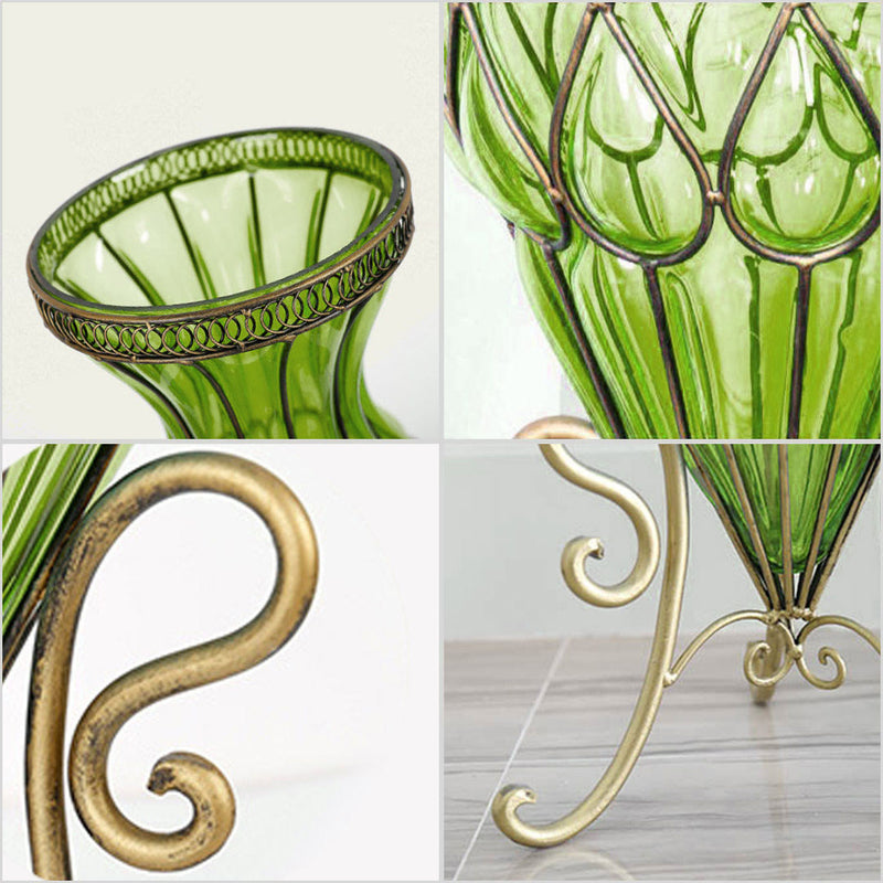 67cm Green Glass Floor Vase Gold Metal Accent With 10pcs White Silk Flowers