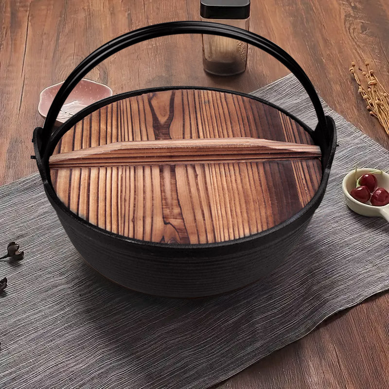 Sukiyaki Nabe 29cm Cast Iron Hot Pot Wooden Lid Stovetop 1 To 2 Person Nonstick