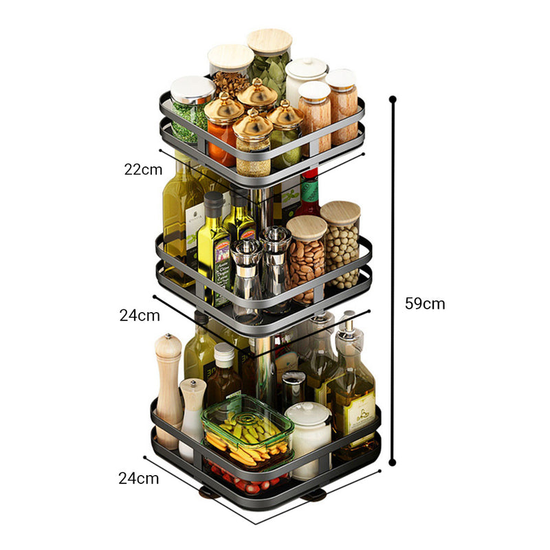 3 Tier Black Rotating Kitchen Storage Organizer Carbon Steel Spice Rack