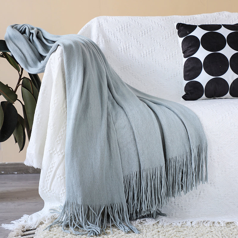 Knitted Throw Blanket Acrylic 130x220cm Fringed Grey Cozy Home Decor