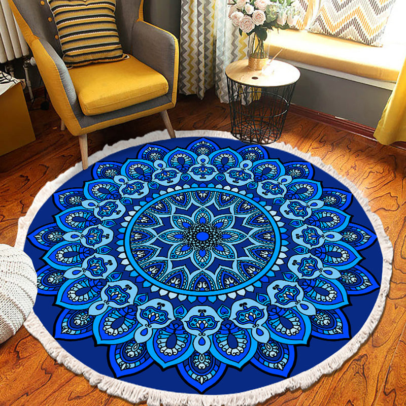 2X 90cm Round Mandala Polyester Rug Anti Slip Blue Living Room Bedroom