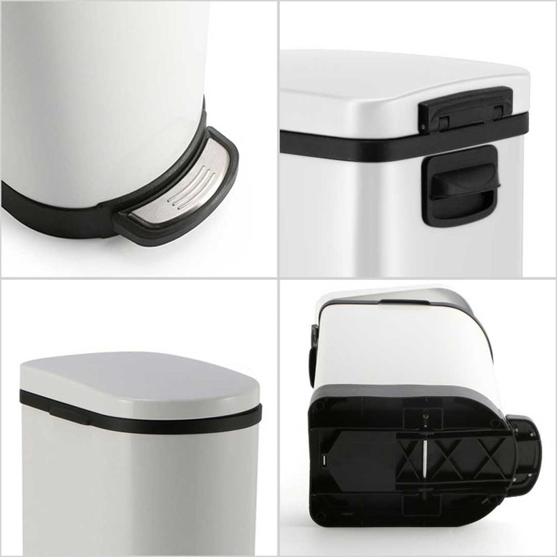 2X 10L White Stainless Steel Foot Pedal Trash Bin with Soft Close Lid