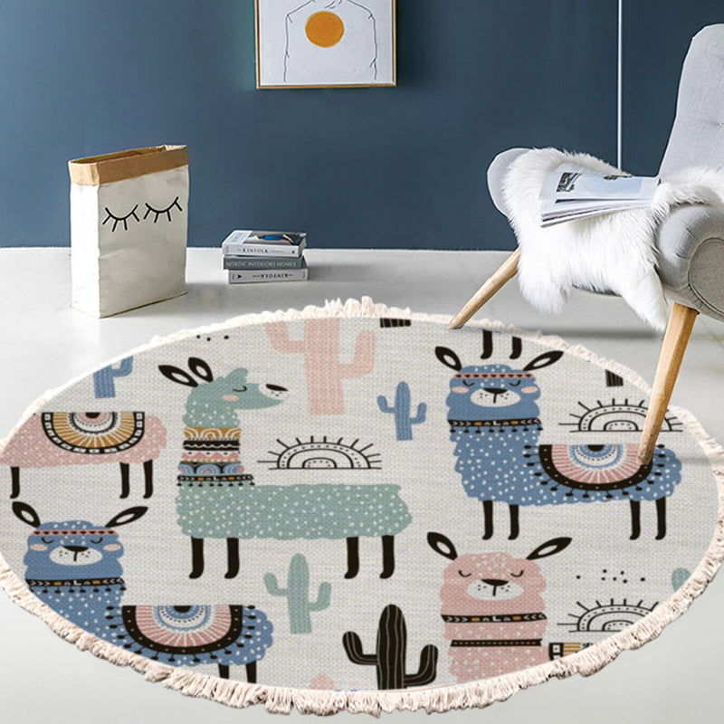 120cm Round Polyester Rug Alpaca Cactus Pattern Multicolor Non Slip Backing