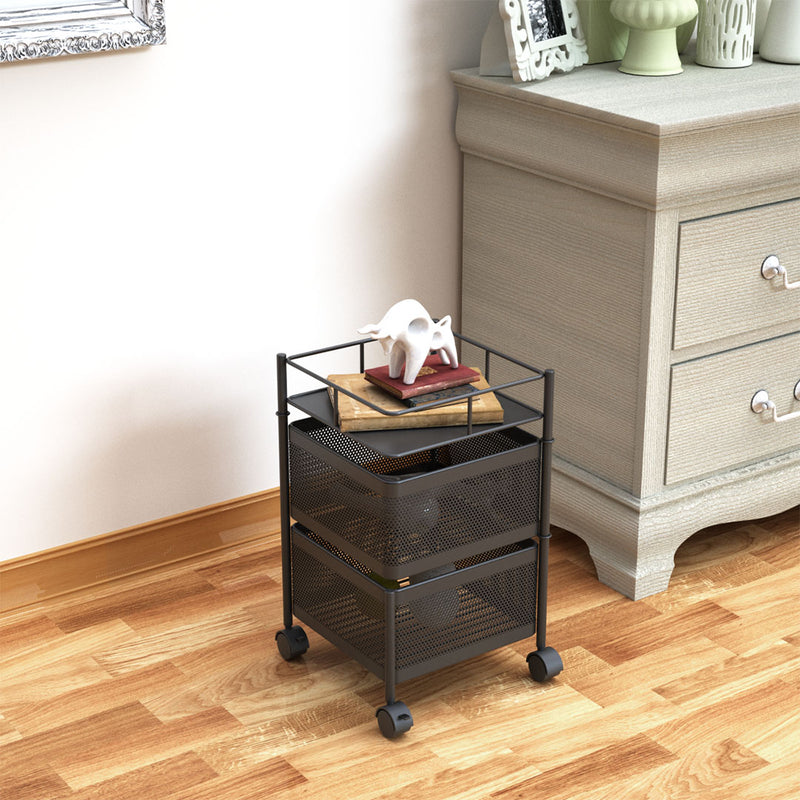 2 Tier Carbon Steel Kitchen Cart 30cm X 30cm X 49cm Rotating Mesh Black Wheels