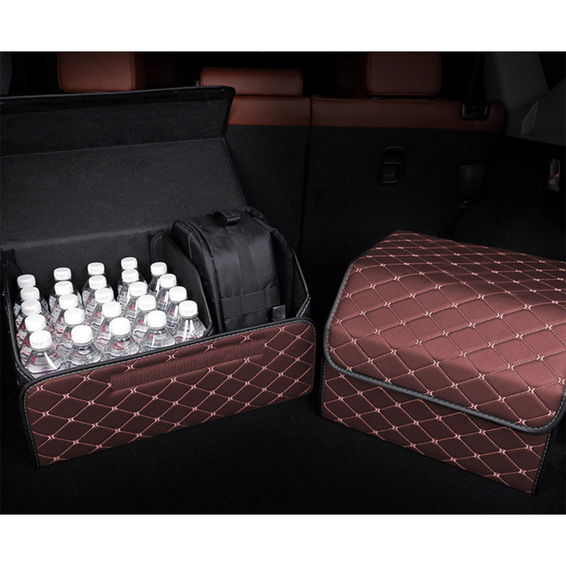 2X Leather Car Boot Organizer Foldable 55x30x30cm Coffee Gold Stitch Large