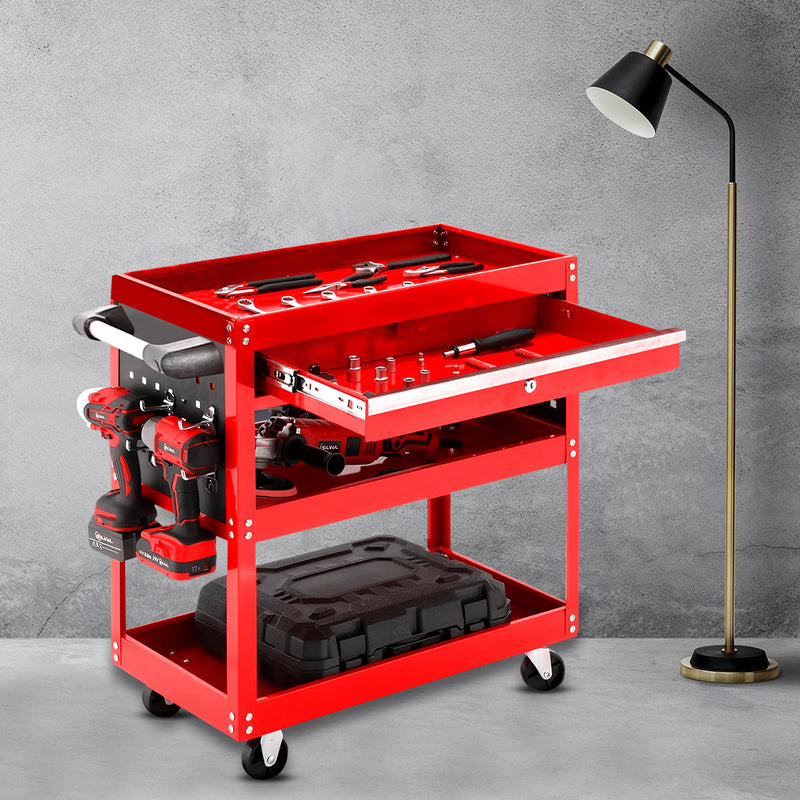 2X 3 Tier Heavy Duty Tool Storage Cart With Drawer Hooks Portable Red Steel