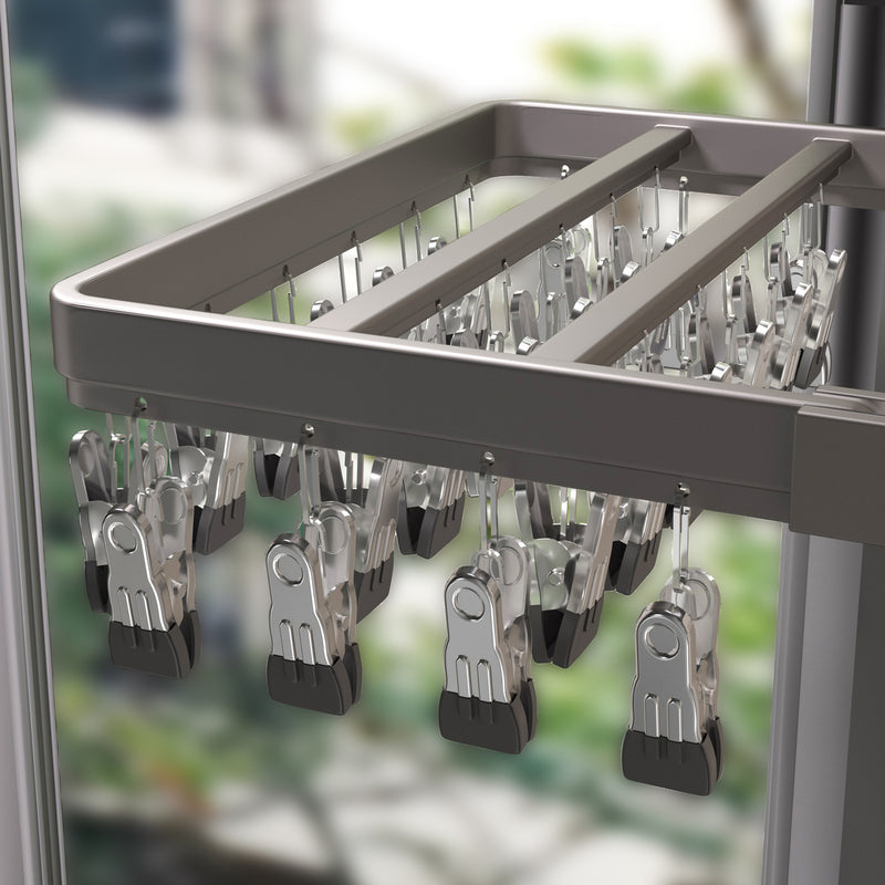 Wall Mounted Aluminum Clothes Hanger Drying Rack with Non Slip Clips Grey
