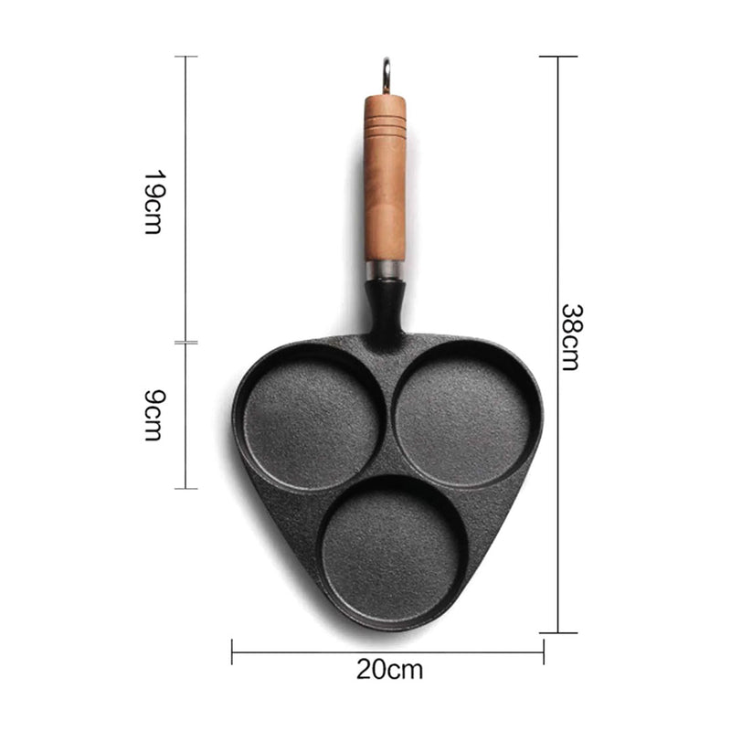 3 Mold Cast Iron Omelette Pan Non-Stick Wood Handle For Eggs Pancakes