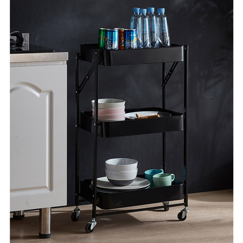 2X 3 Tier Foldable Kitchen Cart Black Steel Shelves With Wheels Portable Storage