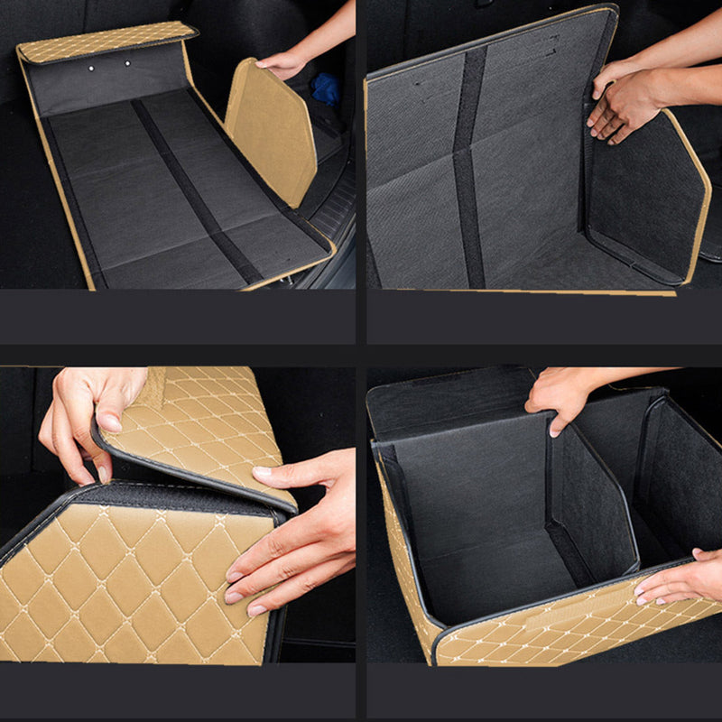 4X Leather Car Boot Organizer 55x30x30Cm Collapsible Beige Gold Stitch