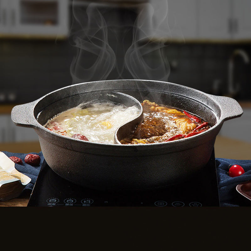 32CM Cast Iron Shabu Shabu Hotpot Two-Flavor Division Non-Stick Black Wok