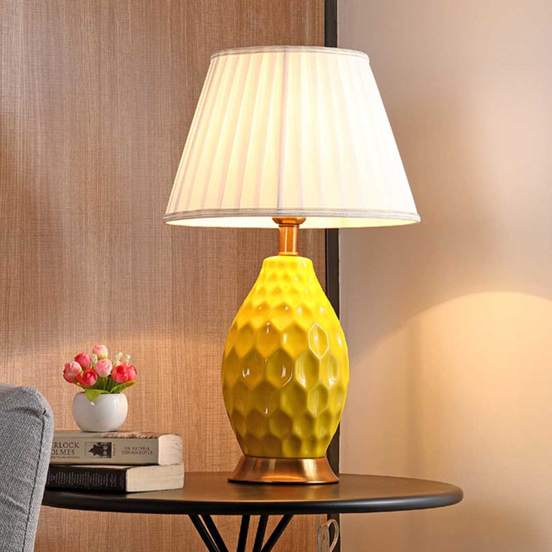 4X Textured Ceramic Oval Table Lamp Gold Metal Base Yellow Drum Shade 55cm