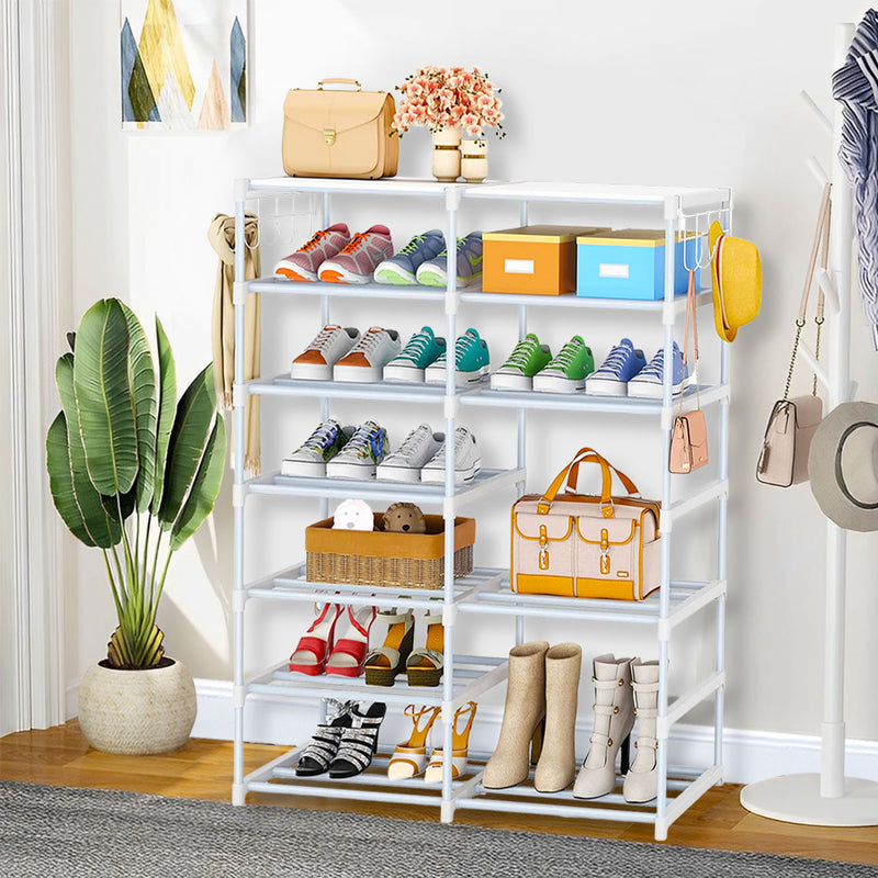 12 Shelf Shoe Rack Plastic Coated Iron 87x30x140cm 4kg Capacity White Side Hooks